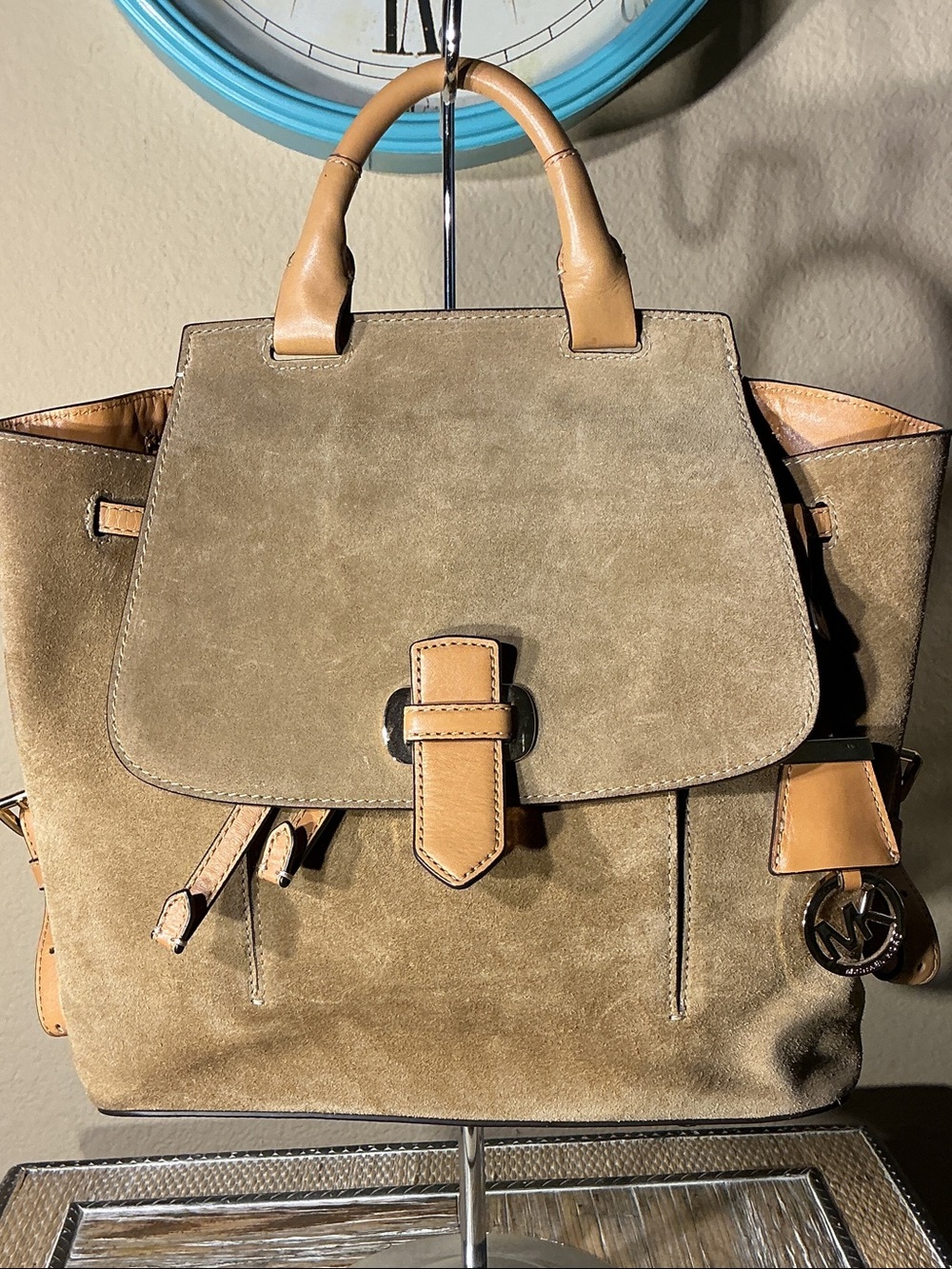 Michael Kors ROMY Olive EUC TAN Suede Backpack with Tan Leather Trim